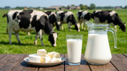 Fresh milk and dairy products on farm table with grazing cows in green pasture countryside. 