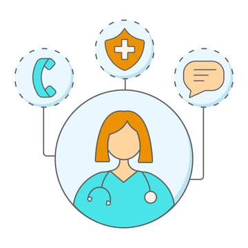 Online healthcare consultation concept with doctor, phone and chat support icons. Flat vector illustration, isolated on white background.