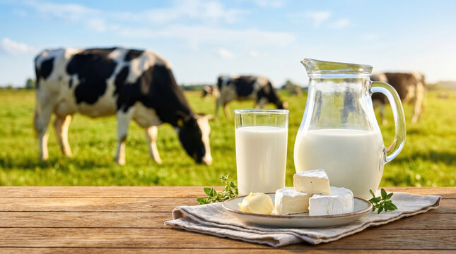 Fresh milk and dairy products on farm table with grazing cows, organic agriculture and rural food concept. 