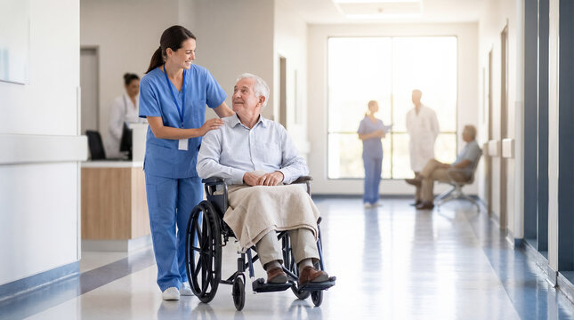 nurse pushing elderly patient wheelchair hospital corridor care medical support kindness mobility close up of female caregiver in blue scrubs assisting senior man through bright modern clinic hallway