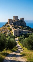 Obraz premium Ancient Stone Castle Overlooking Blue Sea on Sunny Coastal Hill