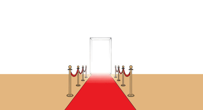 A red carpet leading to a bright, open doorway, flanked by golden stanchions and red velvet ropes, symbolizing an exclusive entrance or special event.