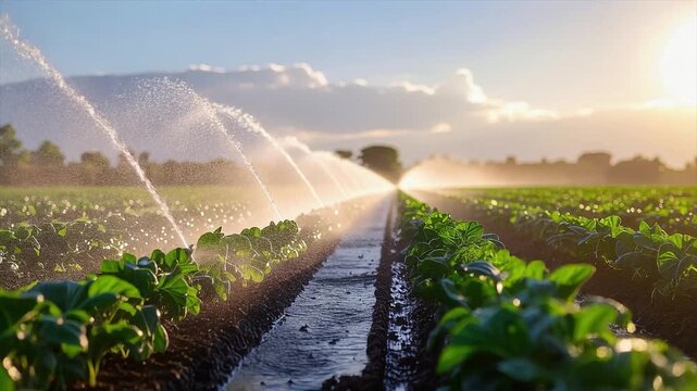 Agricultural irrigation system watering green crop field at sunrise with sprinklers and mist, sustainable farming concept