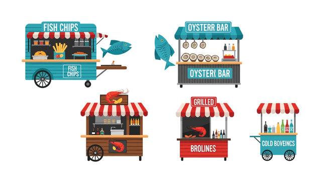 Diverse Street Food Carts and Stalls Vector Set with Seafood, Fish & Chips, Oyster Bar, and Cold Beverages