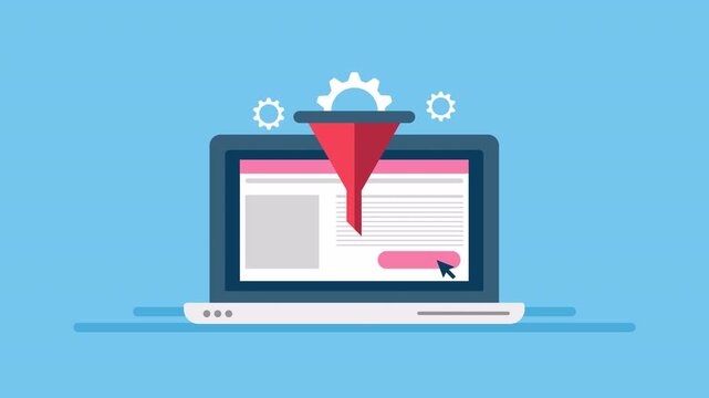 Conversion funnel. Conversion optimization. Conversion funnel laptop visualizes raising money through a clear sales progression. 2d animation.