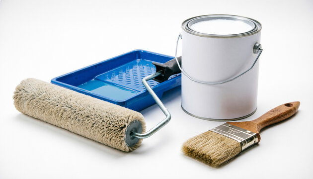 3D render, painting tool set including a paint roller,  tray, bucket , and paint brush isolated on white