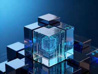 Obraz premium Futuristic Digital Glass Cube with Tech Circuit Patterns