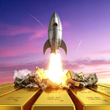 A silver rocket launches from piles of cash and gold bars under a vibrant twilight sky, symbolizing rapid financial growth, wealth, and startup success. Ideal for business and investment ads.