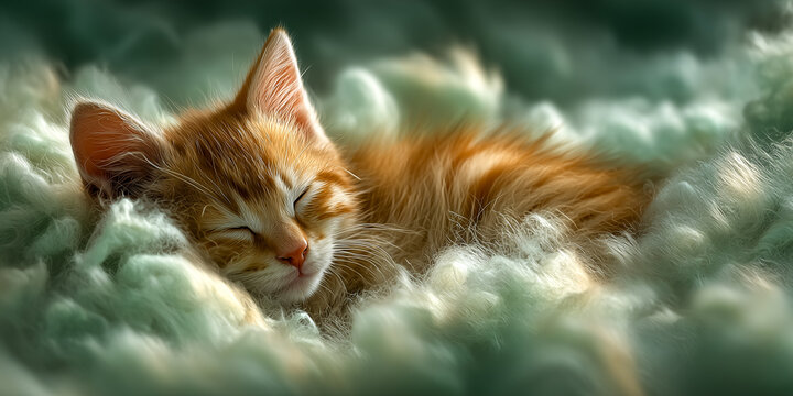 sleeping ginger tabby kitten curled up peacefully in soft pastel mint green clouds