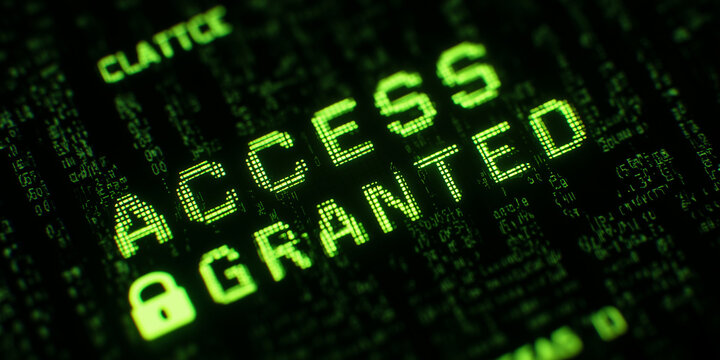 green matrix code on screen showing an access granted message with a lock icon