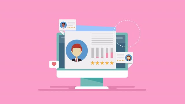 Customer data analysis. CRM software. Customer data analysis reveals user reviews for targeted recruitment with a magnifying glass. 2d animation.