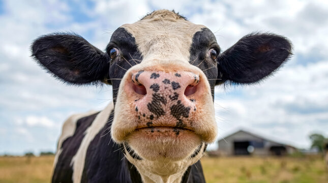 Curious Holstein cow close up on pasture, funny farm animal portrait with wide angle view. 