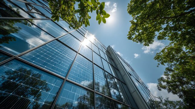 Eco-Friendly Skyscraper with Integrated Photovoltaic Glass Under Bright Sunlight