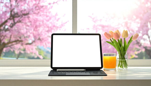 Blank screen tablet mockup on a sunny windowsill. Tulips, orange juice, and blooming cherry blossoms create an inspiring spring workspace for digital nomads and remote professionals.