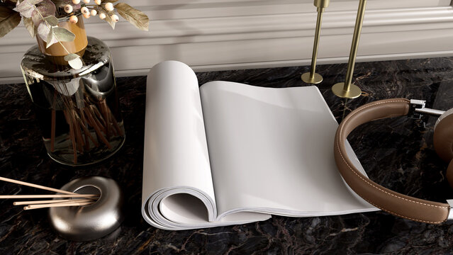 Open book mockup on a sleek, professional workspace natural sunlight with elegant decor, including glass vase, candles, and headphones. Ideal for editorial design, branding, and product presentation.