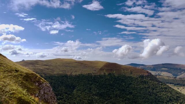 Auvergne Volcanoes, Panoramic Aerial View of Lush Green Mountain Range