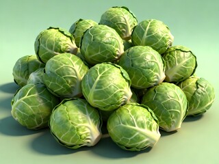 Obraz premium Pile of Fresh Brussels Sprouts on Green Background