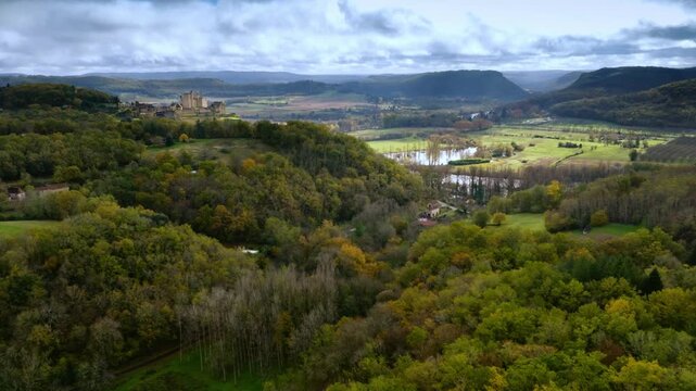 Dordogne Valley Forest with Beynac Castle Aerial View