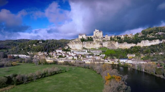 Beynac-et-Cazenac Castle aerial perspective over the river