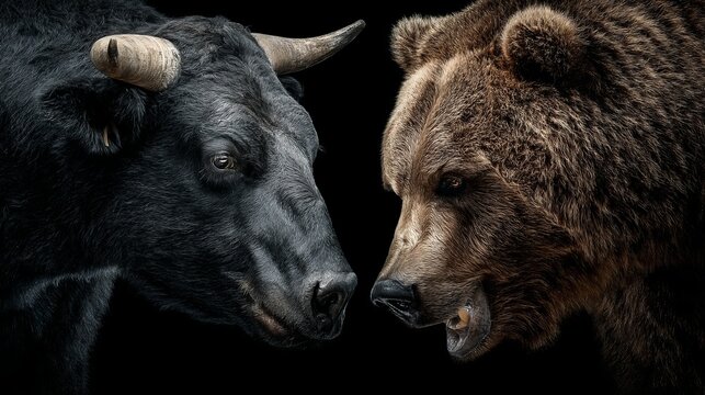 A powerful black bull and a fierce brown bear face each other in an intense confrontational standoff