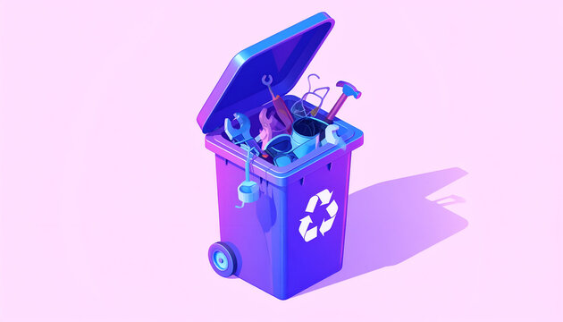 Illustration of a recycling bin filled with tools and equipment.