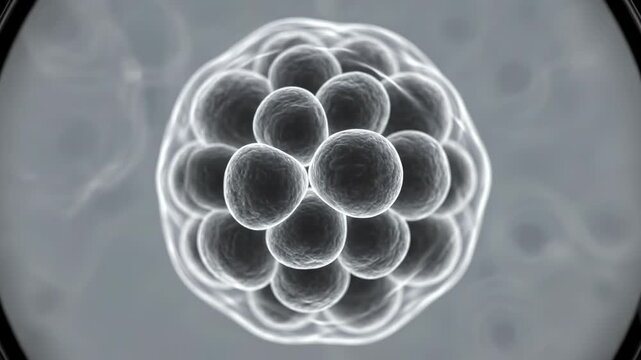 This shows a microscopic view of a four-cell embryo, a critical stage in the IVF process for pregnancy and fetal development, highlighting advancements in medical science and reproductive health.
