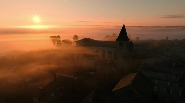 Monpazier Dordogne Village Sunrise through Morning Mist