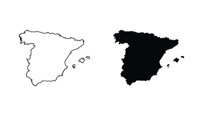 Geographic map of Spain with islands icon in outline and solid black style for travel and geography © Color