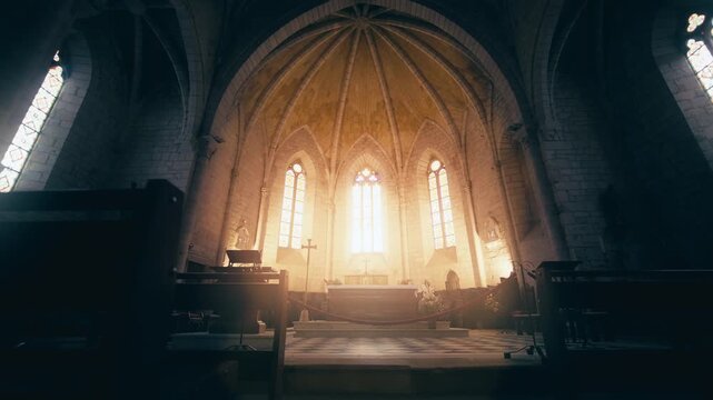 Monpazier Gothic Church Interior with Cinematic Sunlight Rays