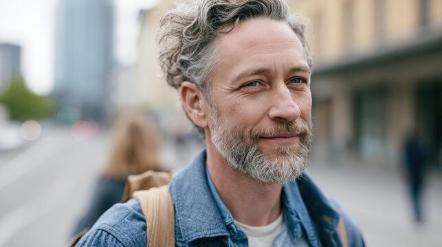 Close-up portrait of a middle-aged man with a beard and mustache. he is standing on a street with buildings and people in the background.