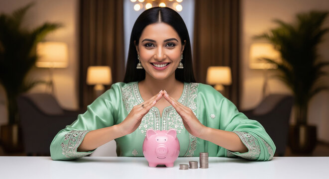 A smiling woman protects her piggy bank, symbolizing financial planning, savings habits