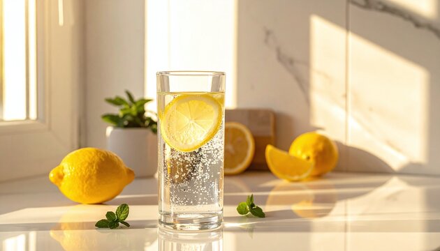 A refreshing glass of sparkling water with lemon and mint, bathed in golden sunlight. Ideal for health, wellness, and lifestyle marketing, capturing a clean, revitalizing, and airy mood.