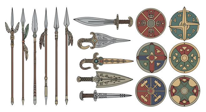A flat lay of various medieval weapons and shields arranged on a white background with a mix of earthy tones.