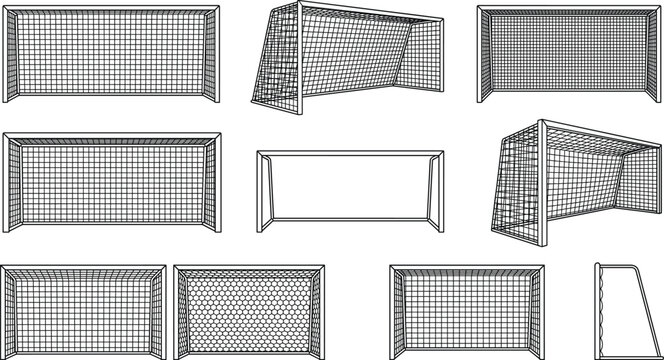 Soccer Goal Net Collection with Different Football Goal Perspectives Isolated on White Background for Sports and Game Design