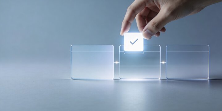 Business technology approval workflow with glowing check tile on translucent glass cards, clean blue corporate banner background with copy space