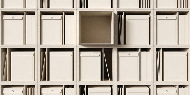 Cream stone archive wall with blank document envelopes file pockets empty compartment organized office storage background