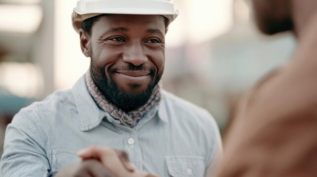Close-up of a man wearing a white hard hat and a blue shirt. he has a beard and is smiling at the camera.