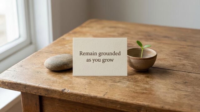 A card with text about growth with a small plant and rock