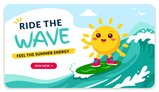 Ride the Wave summer banner with cute sun character surfing on ocean wave. Seasonal web header design with tropical palms and sea landscape. Flat vector illustration