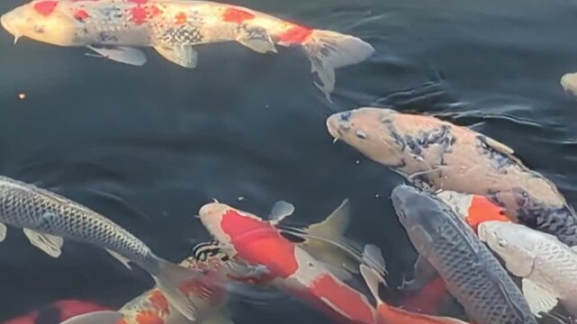 池で泳ぐ沢山の鯉の動画