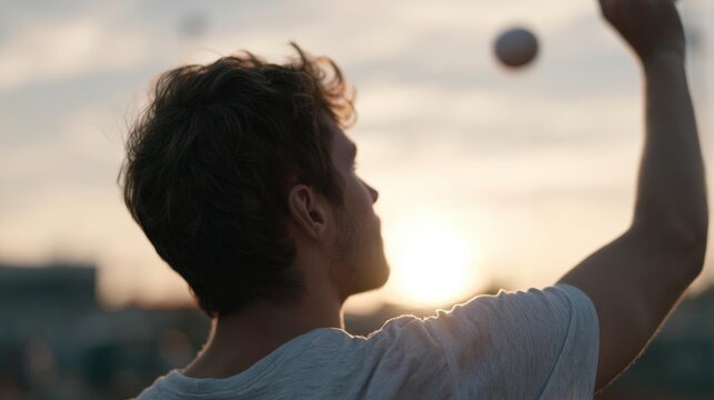 Young man throwing a frisbee at sunset. he is standing on a rooftop with a cityscape in the background. the man is wearing a white t-shirt and his hair is blowing in the wind.