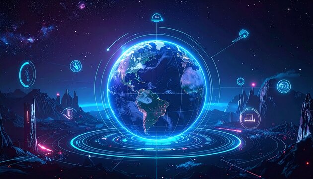Stunning futuristic digital hologram of planet Earth glowing with blue neon lights over a dark cosmic landscape. Ideal for hightech, global connectivity, and space exploration concepts.