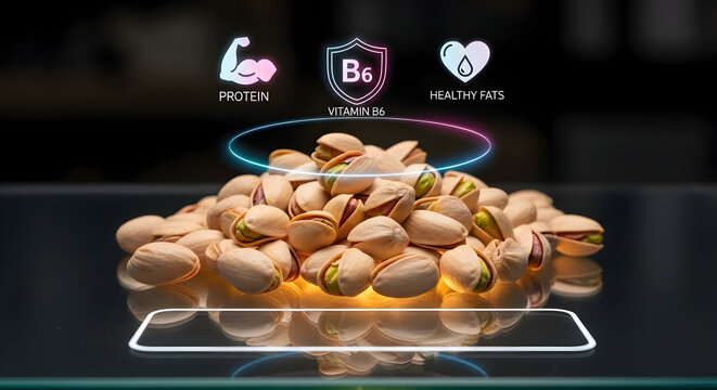 A pile of healthy pistachios with holographic icons representing strength vitamin b6 and heart health symbolizing the nutritional benefits of this delicious snack