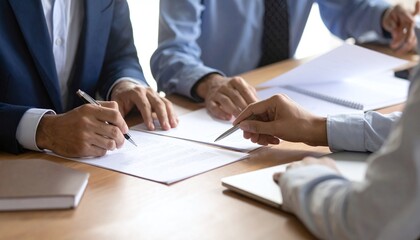Fototapeta na wymiar Business partners in professional suits sign official contracts at a wooden desk, capturing a moment of successful collaboration, legal agreement, and formal corporate growth strategies.