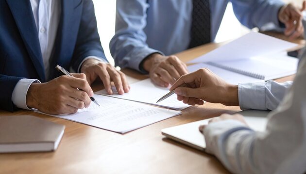 Business partners in professional suits sign official contracts at a wooden desk, capturing a moment of successful collaboration, legal agreement, and formal corporate growth strategies.