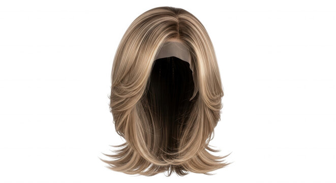 Blonde layered wig with highlights and a lace front cap, isolated on a solid black background, showing shoulder-length hair with volume
