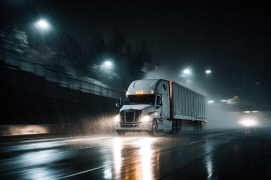 White semitrailer moving through rain on a dark, wet road with glowing headlights