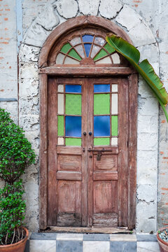 Old wooden door with green plant in pot on stone wall background.