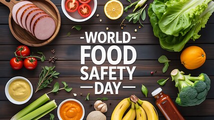 World food safety day concept with fresh vegetables fruits and healthy organic ingredients