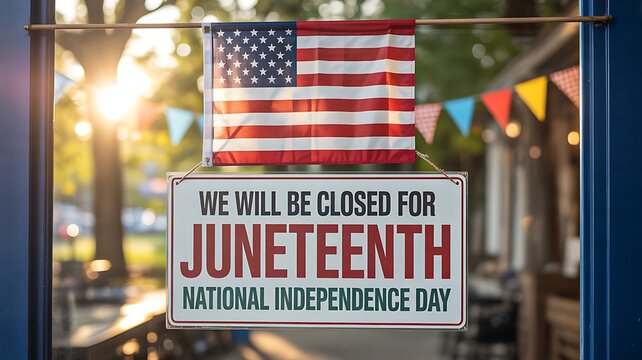 Juneteenth independence day sign with american flag and closed notice on street background 